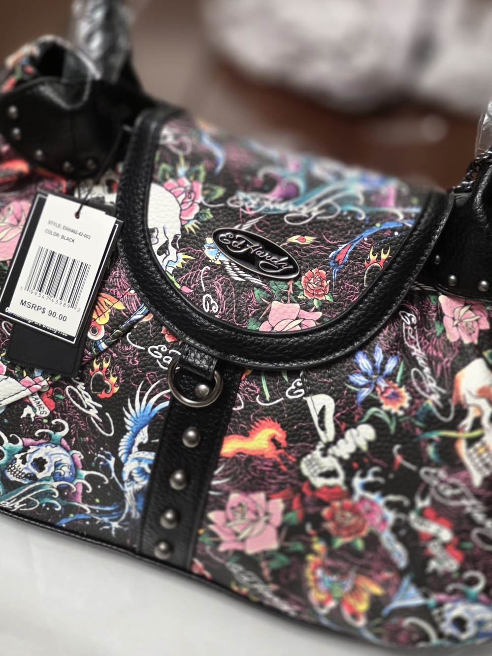 Ed Hardy Black Floral Skull Shoulder Bag with Multicolor Tattoo Print